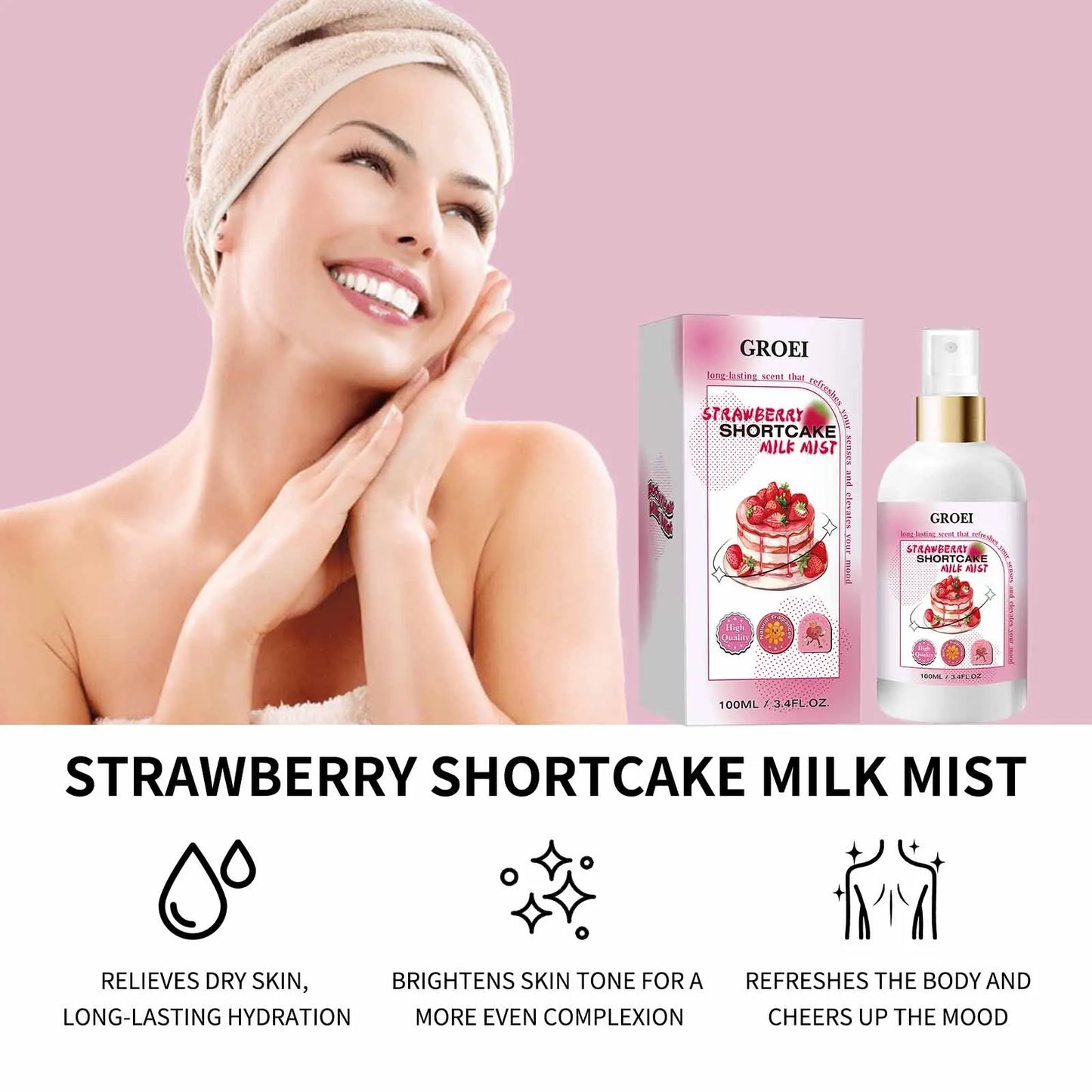 100ml Body Spray Strawberry Shortcake Milk Mist Long Moisturizing Brightening Soothing Body Increase Elasticity Firming Sprsy