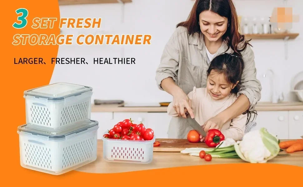 Fridge Food Storage Container Set with Lids with Strainer,Plastic Fresh Produce Saver Vegetable Fruit Meat Organizer