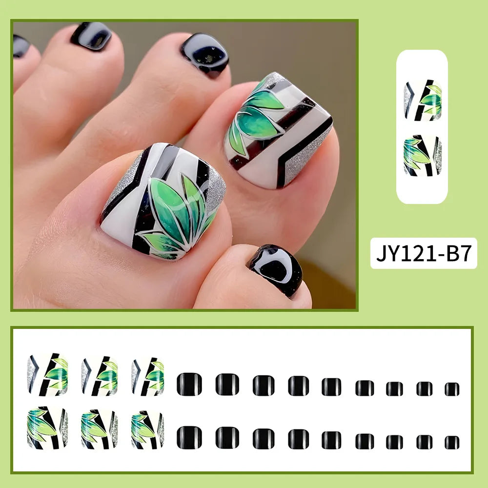 24 Pcs French Design Fake Toe Nail Press on Toe Nail Summer False Nails Acrylic Reusable Toe Nail Decorated Nails With Tool Kit