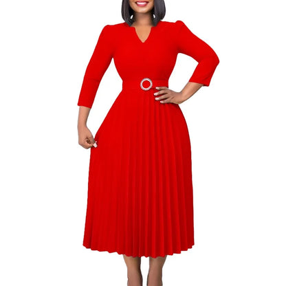 Office Dresses for Women V Neck Full Sleeve Belt Waisted Pleated Mid Calf Elegant Female Business Work Wear Dress Midi Cloth New