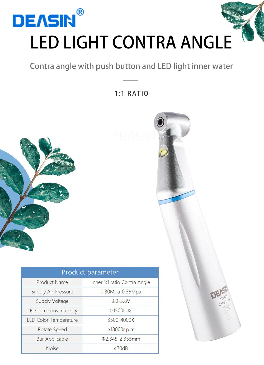 Dental LED Light 1:1 Ratio Contra Angle E-generator Low Speed Handpiece Inner Water Spray E-Type dentistry