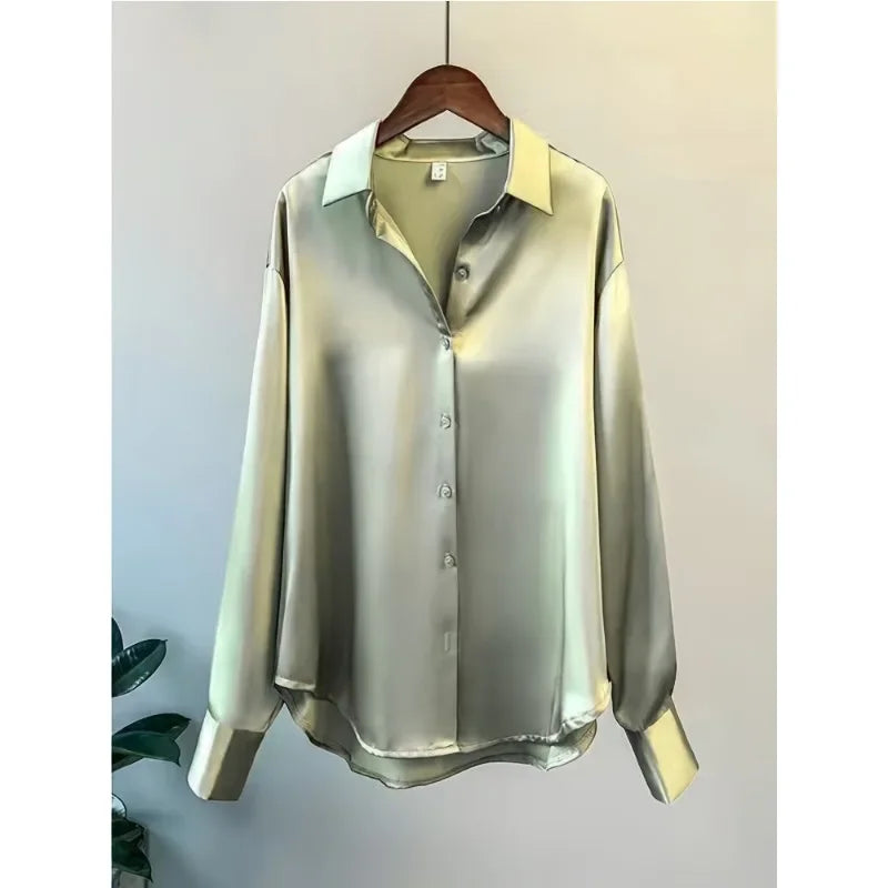 Fashion Casual Office Lady Silk Blouses Autumn Long Sleeve Button Up Shirt Women Elegant Winter Tops  Office Lady Acetate Blouse