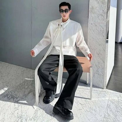 LUZHEN Stylish Personality Ribbon Decorate Translucent Long Sleeve Shirts Men's Elegant 2025 New Stylish Fake Two Piece LZ2413