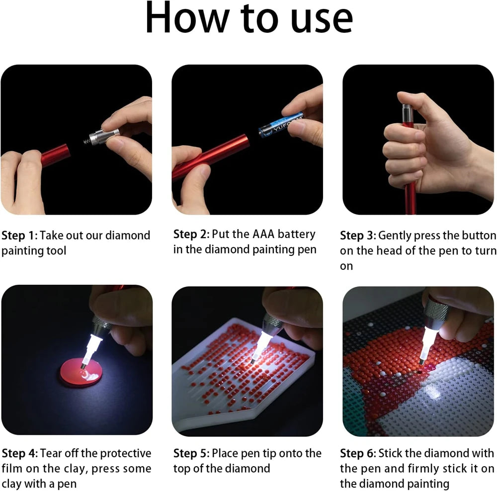 LED Diamond Painting Illumination Pen Kits with Light Art Lighted Applicator Accessories 5D Light Up Pens Nails DIY Crafts Tool