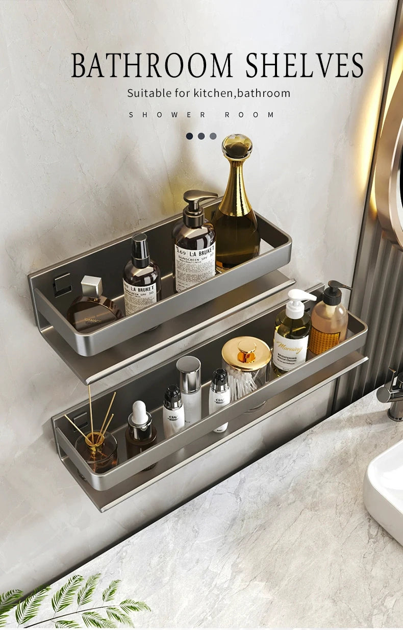 Bathroom Accessories Shelf Organizer Shower Storage Rack Gray Wall Mounted Space Aluminum Toilet Shampoo Holder Shelves 30-50CM