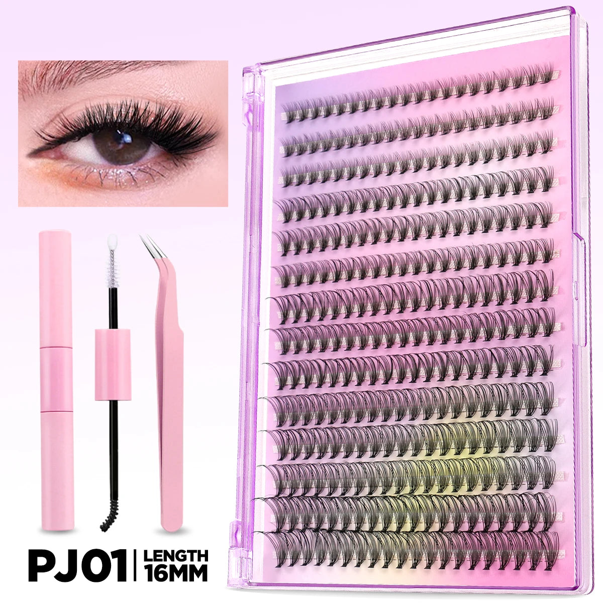 GROINNEYA DIY Lash Extension Kit Volume Lash Clusters Individual Lashes Thick Eyelash Extension Lash Bond & Seal & Lash Tweezers