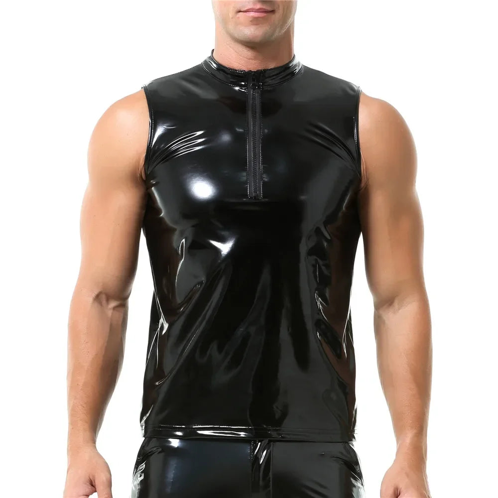 Mens Shiny Wet Look Leather Tank Top Zipper Glossy PVC Leather Sleeveless T-Shirts Shaping Wet Look Latex Leather Tanks Top Vest