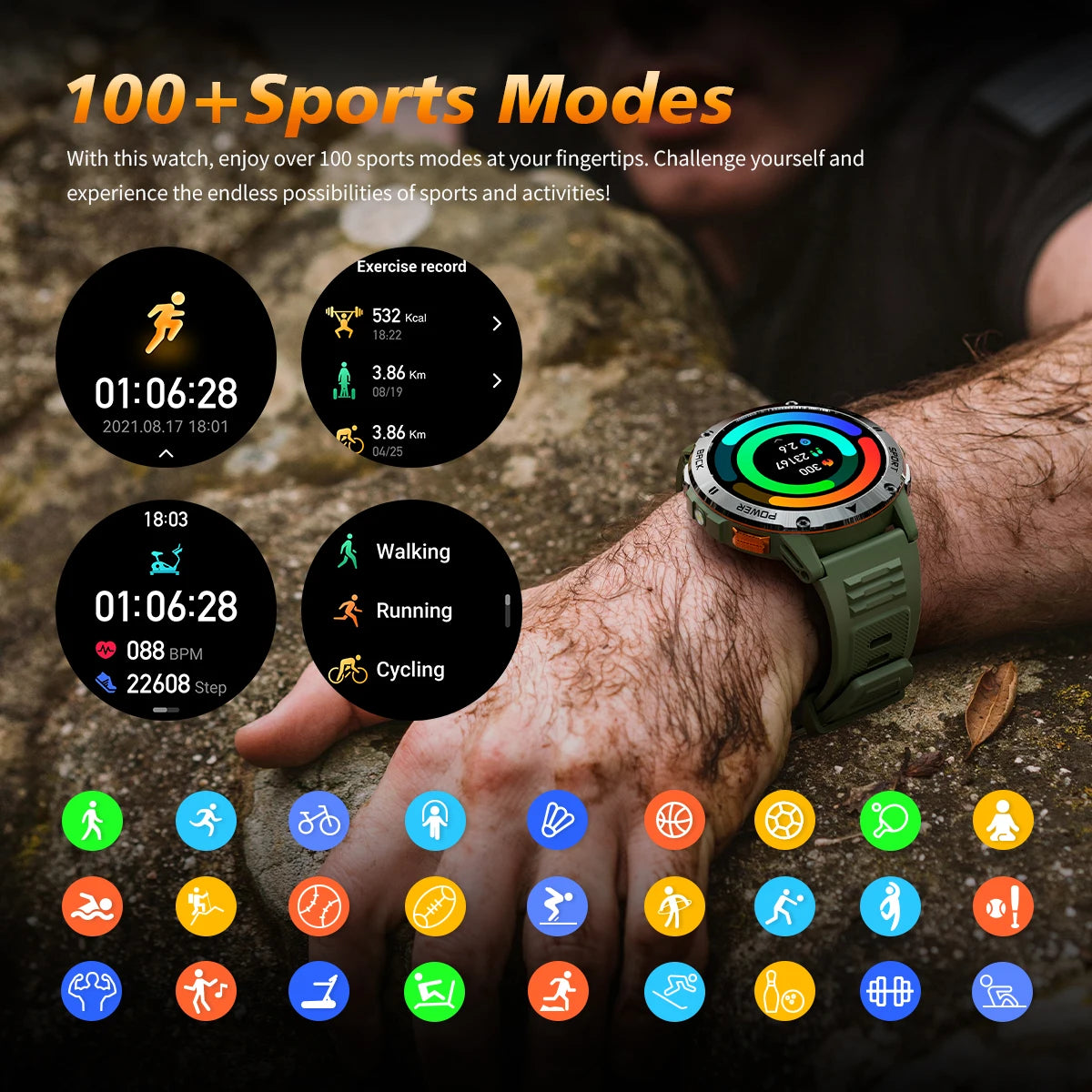 New Military Sports GPS Smart watch AMOLED HD IP68 outdoor NFC Sport Watch Fitness tracker Health monitor BT call LED flashlight