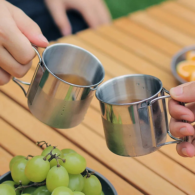 Stainless Steel Camping Cup 250/350/500ml Portable Carabiner Cups Outdoor Water Cup Mug With Foldable Handle Kitchen Drinkware