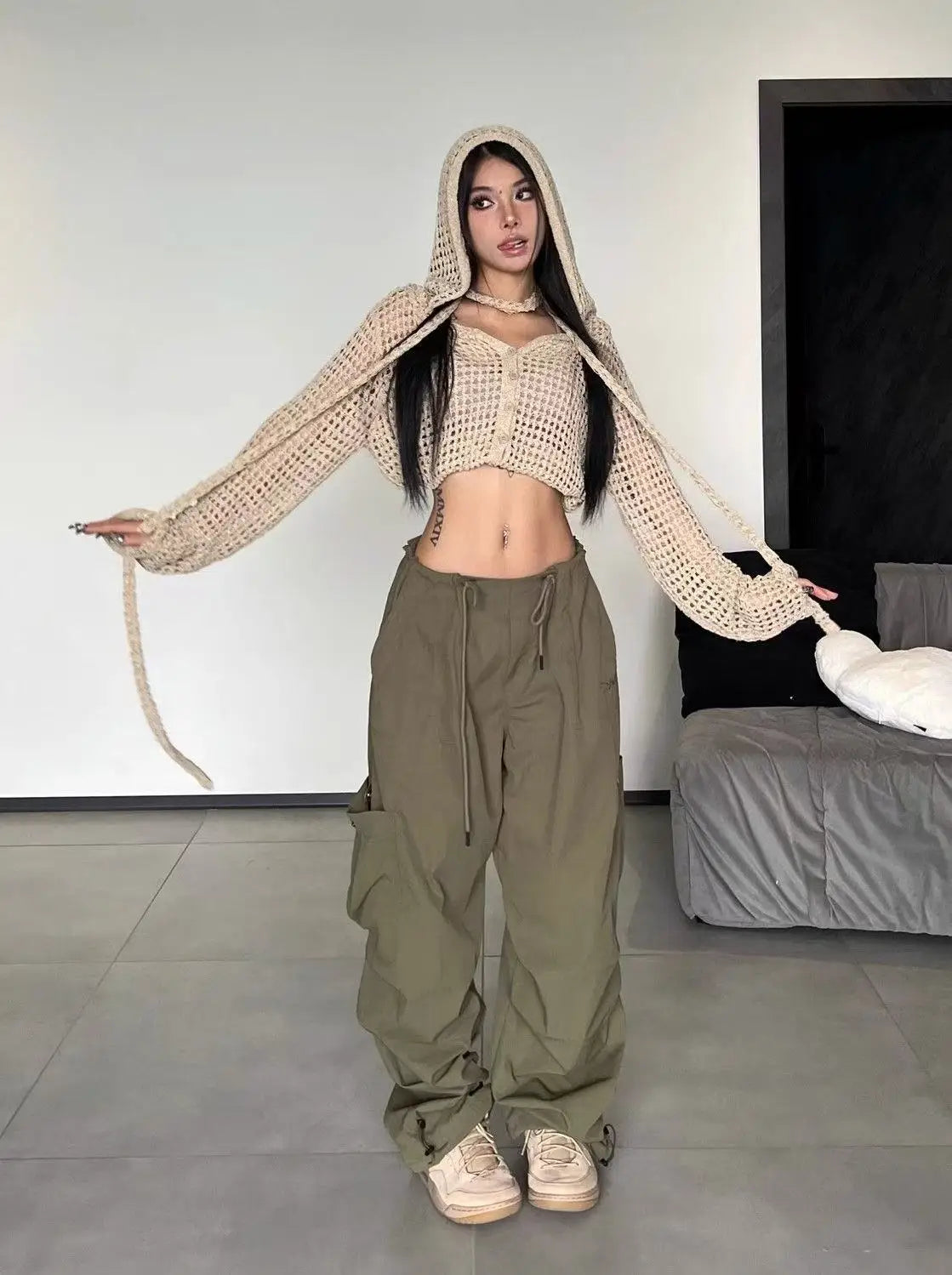 American Vintage Loose Cargo Pants Women Casual Street Personality Women's Cargo Pants Drawstring Design New Spring Trousers