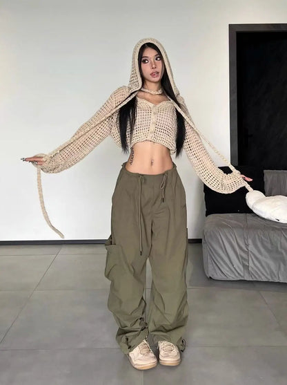 American Vintage Loose Cargo Pants Women Casual Street Personality Women's Cargo Pants Drawstring Design New Spring Trousers