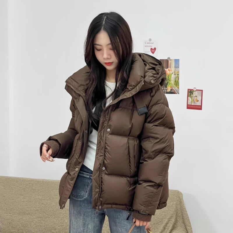 2025 New Women's Hooded Down Jacket 90% Duck Down Thickened Short Down Jacket Casual Versatile Fashion Cuffs Label Warm Coat