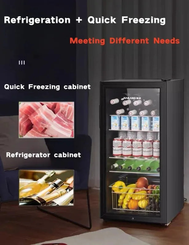 Portable Refrigerator, Double-layer Glass Door, Noise Free, Mini Fridge, Bar, Hotel, Transparent Door Freezer, Small Space