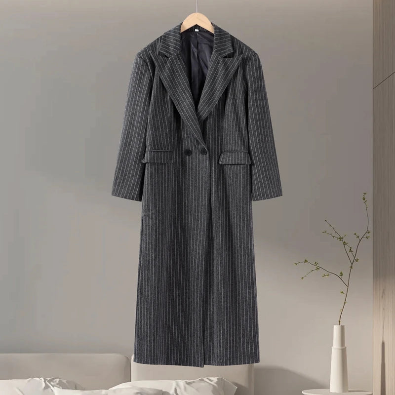 Retro Striped Lapel Woolen Long Coat Women Casual Loose Dark Grey Oversize Coats Female Winter Elegant Chic Outwear