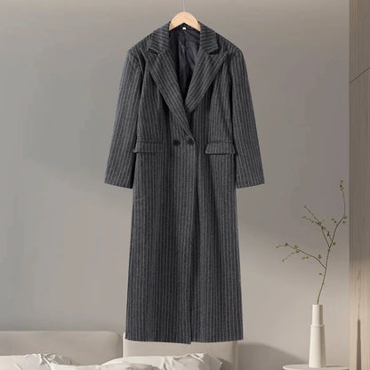 Retro Striped Lapel Woolen Long Coat Women Casual Loose Dark Grey Oversize Coats Female Winter Elegant Chic Outwear