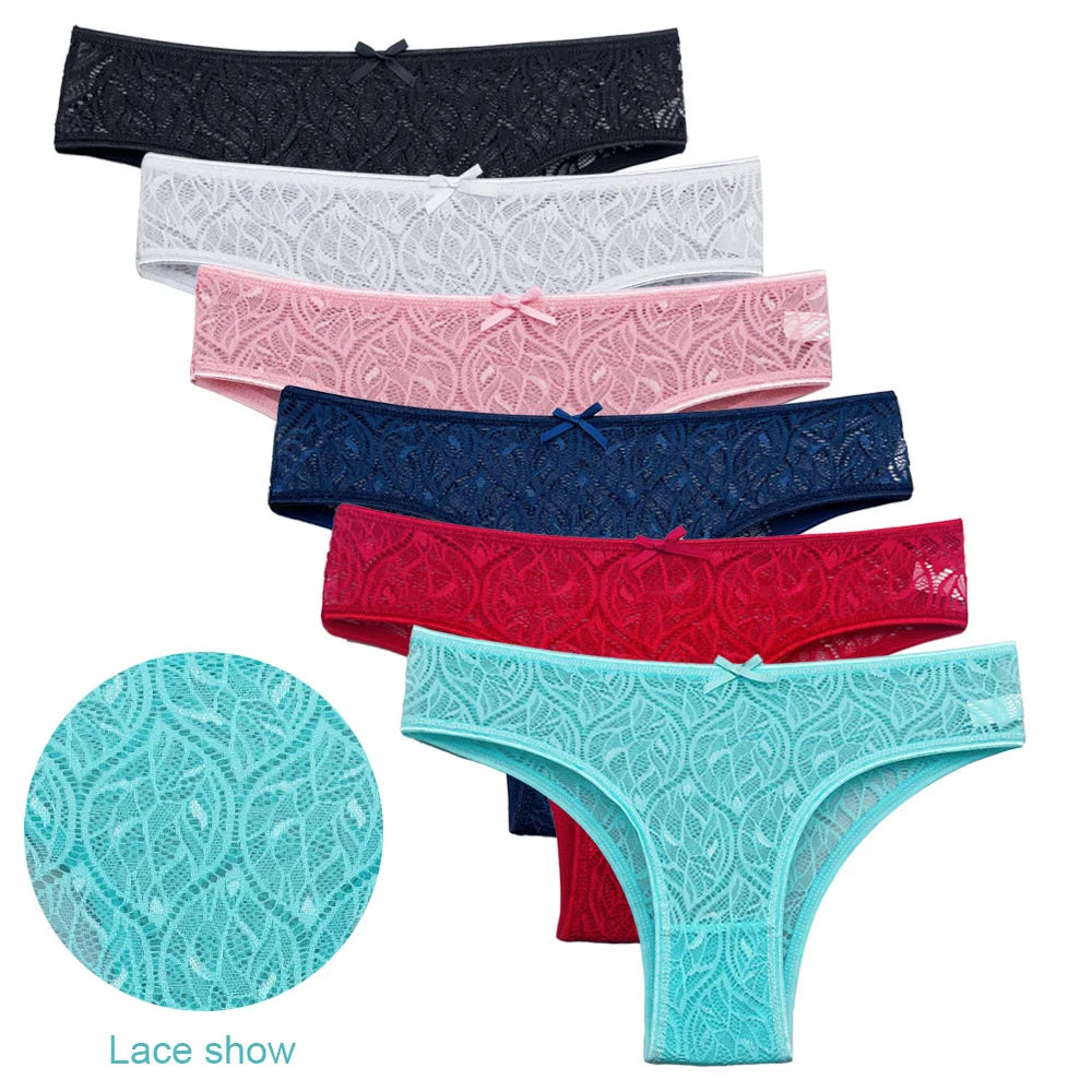 5 PCS/Set Sexy Ladies Transparent Lace Lingerie Panties Woman Cotton Crotch Solid Color Briefs Underwear