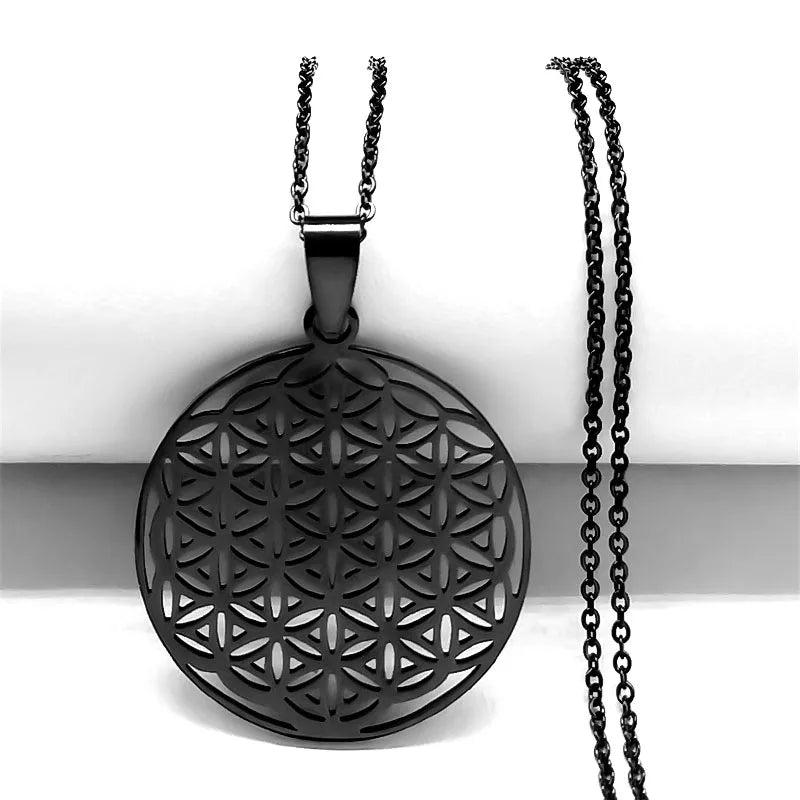 2023 Flower of Life Stainless Steel Mandala Metatron Necklaces Sacred Geometry Long Black Bead Necklace Jewerly flor de la vida