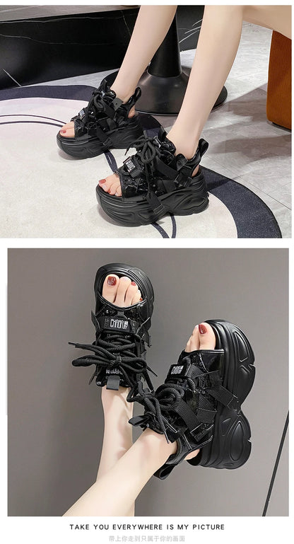 8.5cm Summer Women Leather Chunky Sandals High Platform Trainers Breathable Casual Slippers Shoes New Woman Heels Wedge Sneakers
