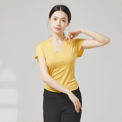 Modern Dance Clothes Women  V-Neck Seamless Short Sleeve T-Shirt Elegant Stage Costume Basic Training Tops Casual Summer Blouse