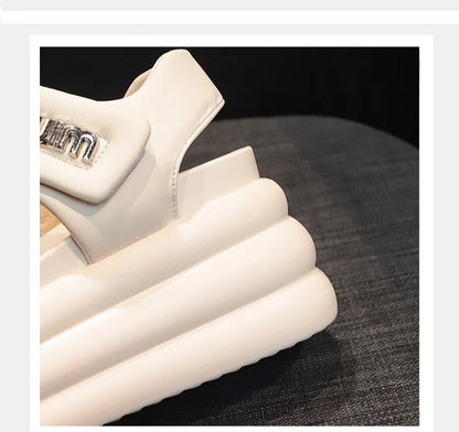 2025 Summer Women Chunky Sandals Leather High Platform Trainers Breathable Casual Slippers Shoes Woman 8.5CM Heels Wedge Sneaker