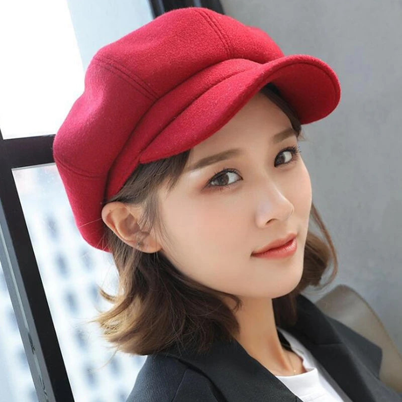 Women's Hat Autumn Warm Octagonal Hat Woolen Cloth Casual Beret Cap Solid Artist Painter Newsboy Hat Men Cap Boina