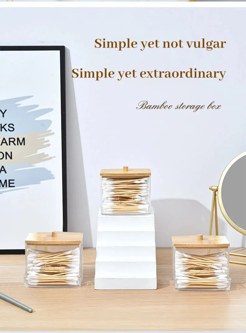 1set Transparent Acrylic Wood Cover Cotton Swab Box With 500 Cotton Swabs Cosmetic Cotton Storage Box