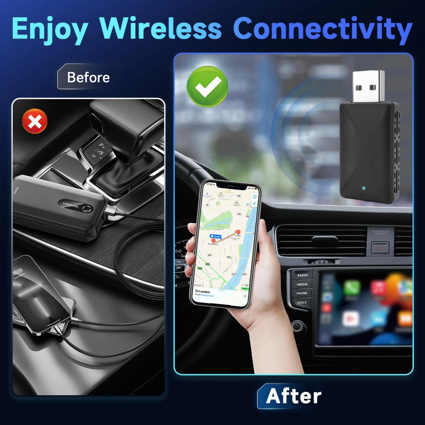 2-in-1 Wireless CarPlay & Android Auto Adapter, Plug & Play CarPlay Converts Wired to Wireless, Fast Auto-Connect, No Lag