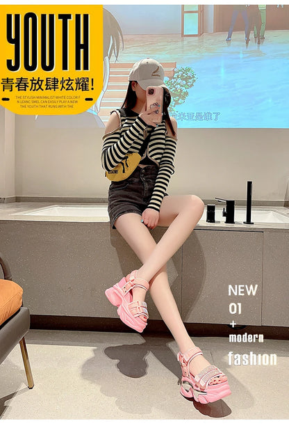 Summer High Platform Women Sandals Buckle 10CM Wedges Bling Shoes Fashion 2023 Outside Chunky Sandals Beach Casual Slides Woman