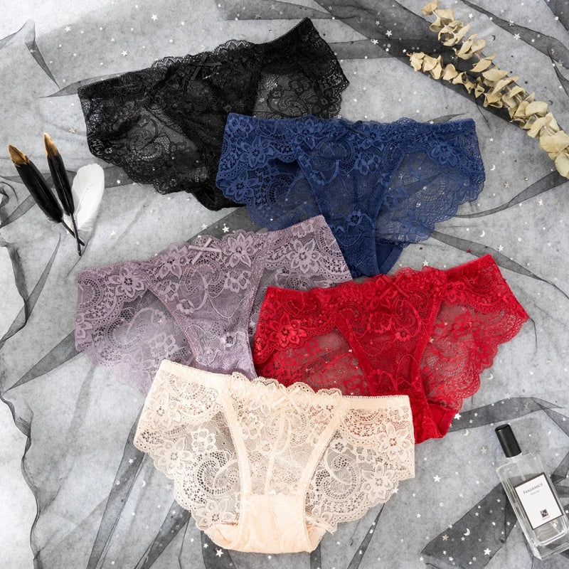 3PCS Hollow Out See Through Underpants Comfortable Briefs Sexy Ladies Lace Transparent Panties Low-Rise Lingerie
