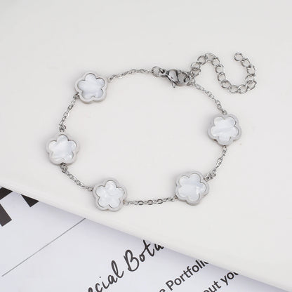 Silver Color New Design Plant Five Leaf Flower Bracelet Single sided Plum Blossom Stainless Steel Jewelry Women's Clover