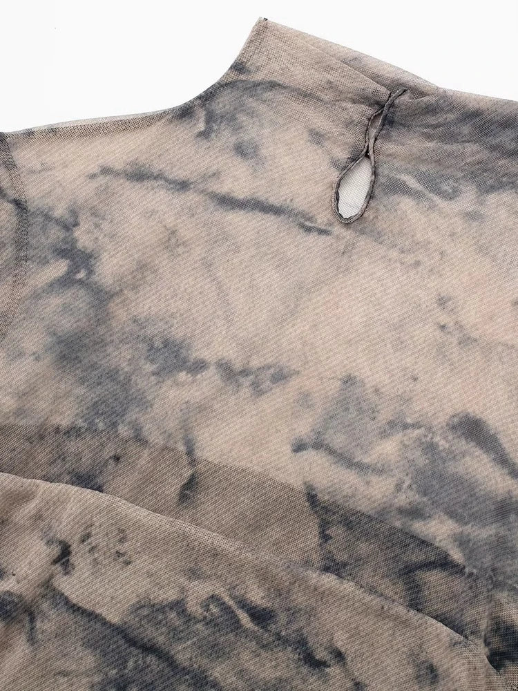 Tangada 2024 Women Print Pleated Mesh Dress Long Sleeve Sexy Famle Stand Collar Maxi Dresses 3H406