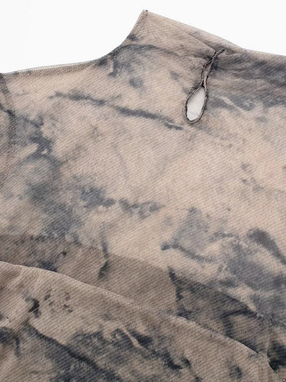 Tangada 2024 Women Print Pleated Mesh Dress Long Sleeve Sexy Famle Stand Collar Maxi Dresses 3H406