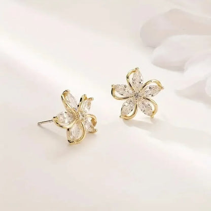 Dainty Flower Stud Earrings for Women Piercing Cartilage Ear Ring Cute Zircon Gold Color Women's Aesthetic Jewelry Gift