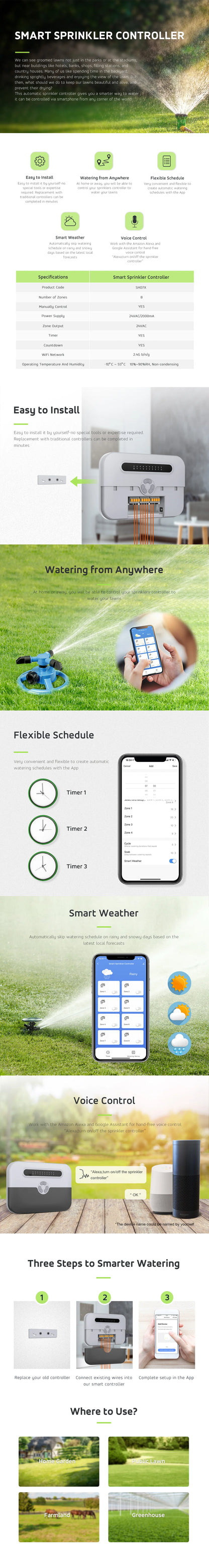 Smart Sprinkelr Controller 8 Zone, WiFi Indoor Irrigation Controller,  Supports Rain Sensor, Pump Control