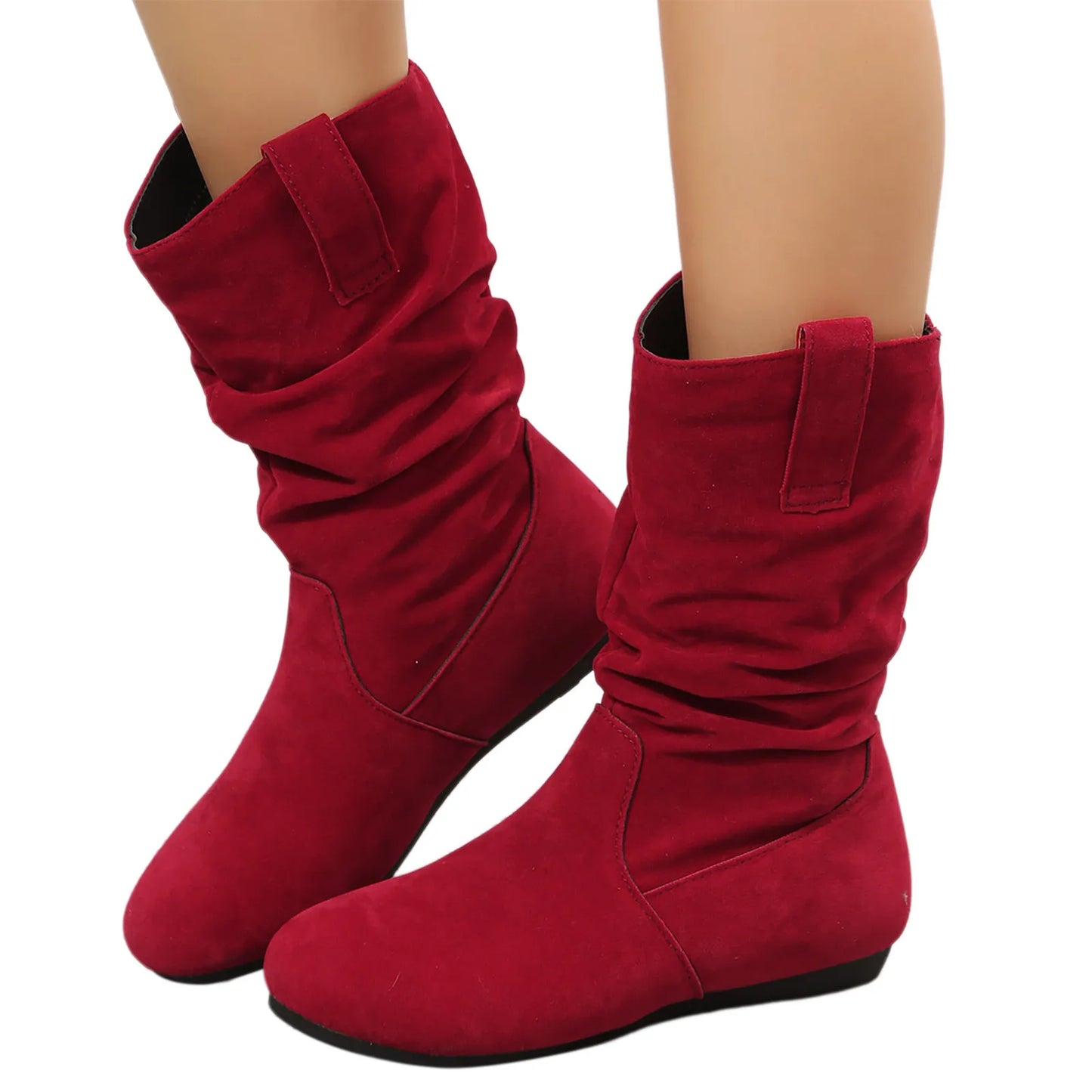 Womens Heel Boots Mid Calf Ladies Fashion Solid Colour Simple Round Toe Suede Flat Bottom Sleeve Cowboy Boots Women with Crosses