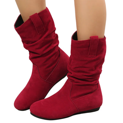 Womens Heel Boots Mid Calf Ladies Fashion Solid Colour Simple Round Toe Suede Flat Bottom Sleeve Cowboy Boots Women with Crosses