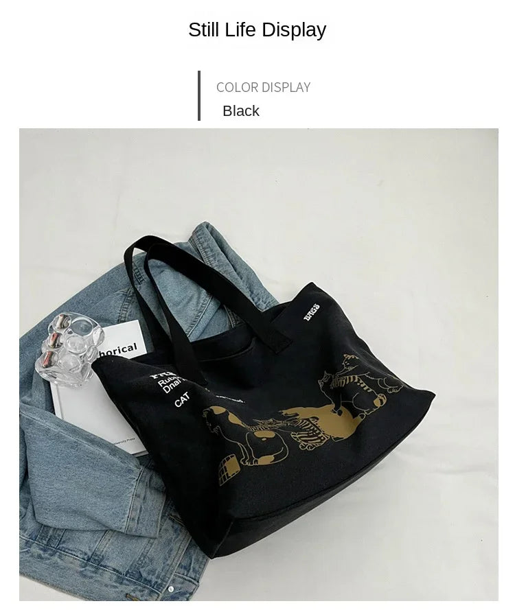 Canvas Totes Large Capacity Storage Handbag Women Tote Anime Cat Letters Shoulder Bags Girls Casual Commute Bag Portable Big Bag