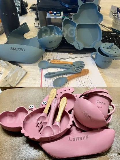 Customized Baby Silicone Feeding Set with Suction Cup Personalized Name Dish Divided Plate Bowl Spoon Cute Kid Eating Tableware