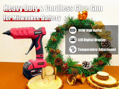 Upgraded 100W Cordless Glue Gun for Milwaukee 18V Battery,  Digital Temperature Adjustable Full Size Heavy Duty with 10 Sticks