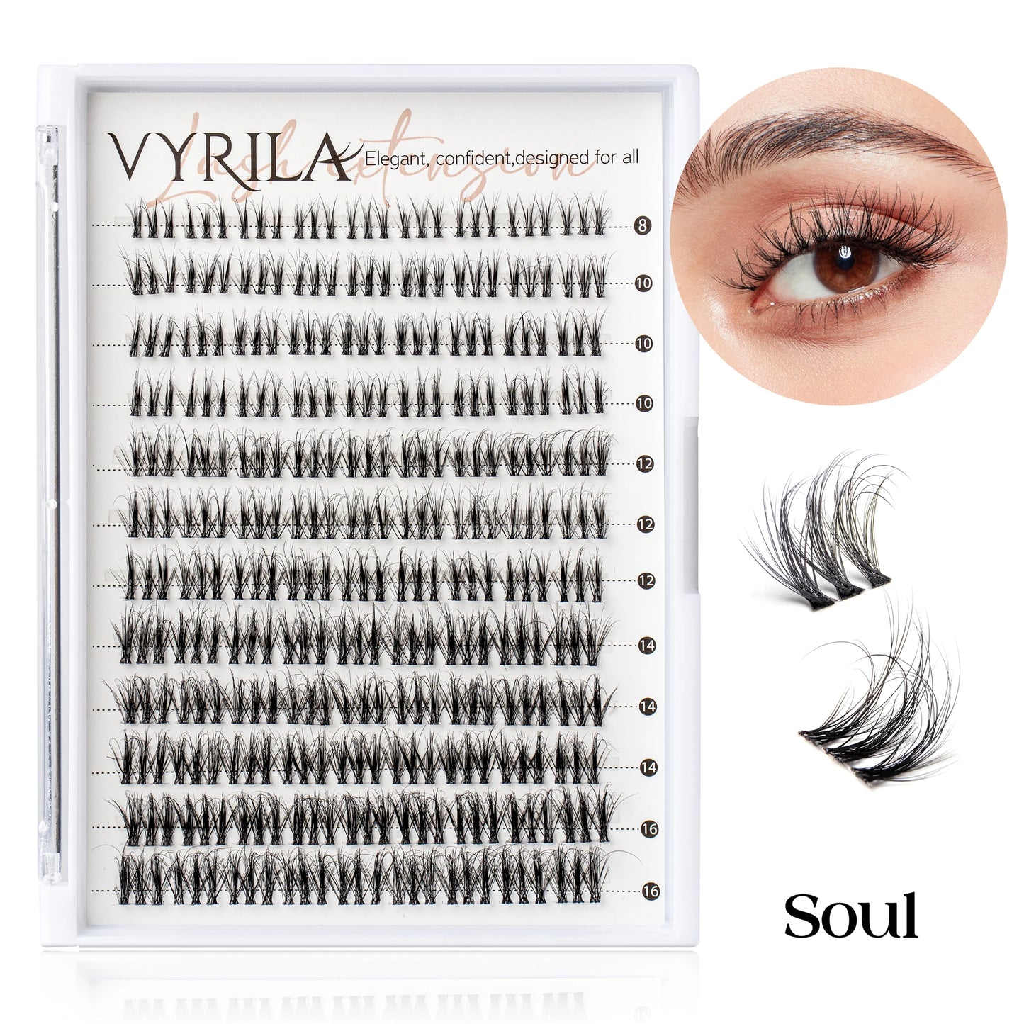 VYRILA Lash Extension Kit Wispy C Curl Lash Clusters Kit Hush 8-16mix Individual Lashes with Lash Bond and Seal Lash Tweezers