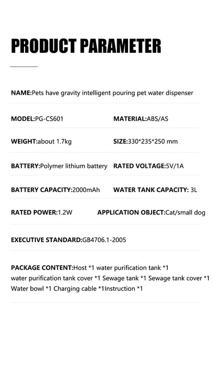 Cat Water Fountain, Automatic Pet Water Dispenser for Puppy, Rechargeable Wireless Cat Drinker No Need Filter, Cat Accessories