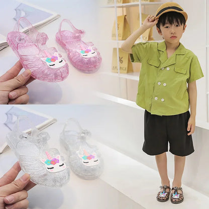 New Child Sandal Cute Girl Boy Beach Cave Shoe Transparent Glitter Jelly Crystal Kid Princes Shoe Breathable Roman Beach Sandal