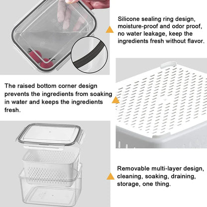 Refrigerator Storage Box Fridge Organizer Fresh Vegetable Fruit Boxes Drain Basket Storage Containers Pantry Kitchen Organizer
