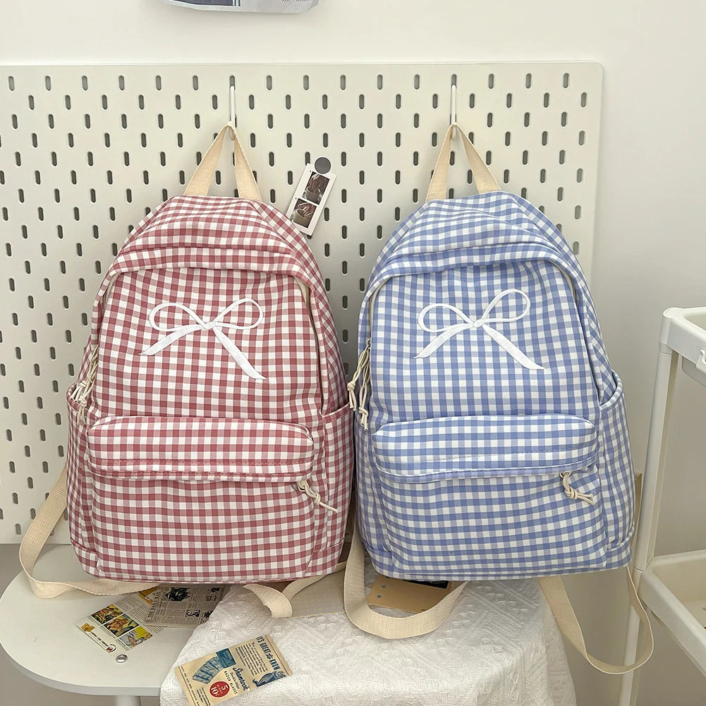 Cute Bowknot Plaid School Backpack Lightweight School Bag Nylon Student Rucksack for Girls Women High School College Work