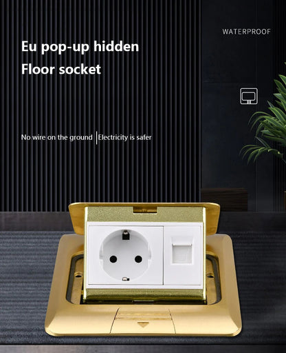 European standard hidden pop-up computer floor socket 120*120mm Gold Stainless Steel Kitchen Bedroom waterproof USB outlet plug