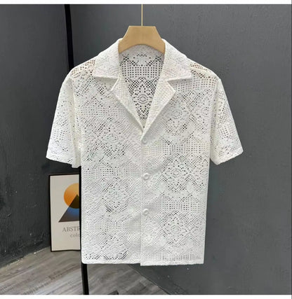 Vintage Ice Silk Lace Shirts For Men Sexy Lace Breathable Hollow Out Tops Summer Fashion Cuban Collar Short Sleeved Shirt Male