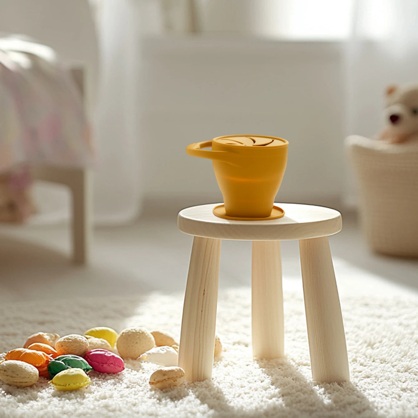 1Pcs Solid Colors Baby Snack Cup Collapsible Portable Food Storage Box Silicone Feeding Snacks Container With Lid Baby Stuff