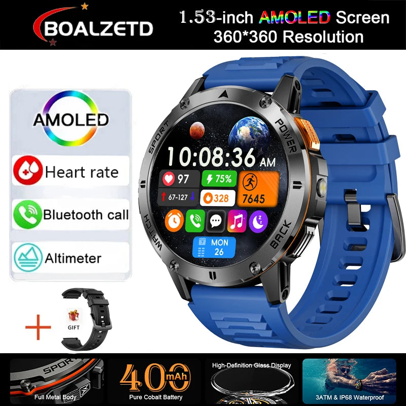 New Military Sports GPS Smart watch AMOLED HD IP68 outdoor NFC Sport Watch Fitness tracker Health monitor BT call LED flashlight