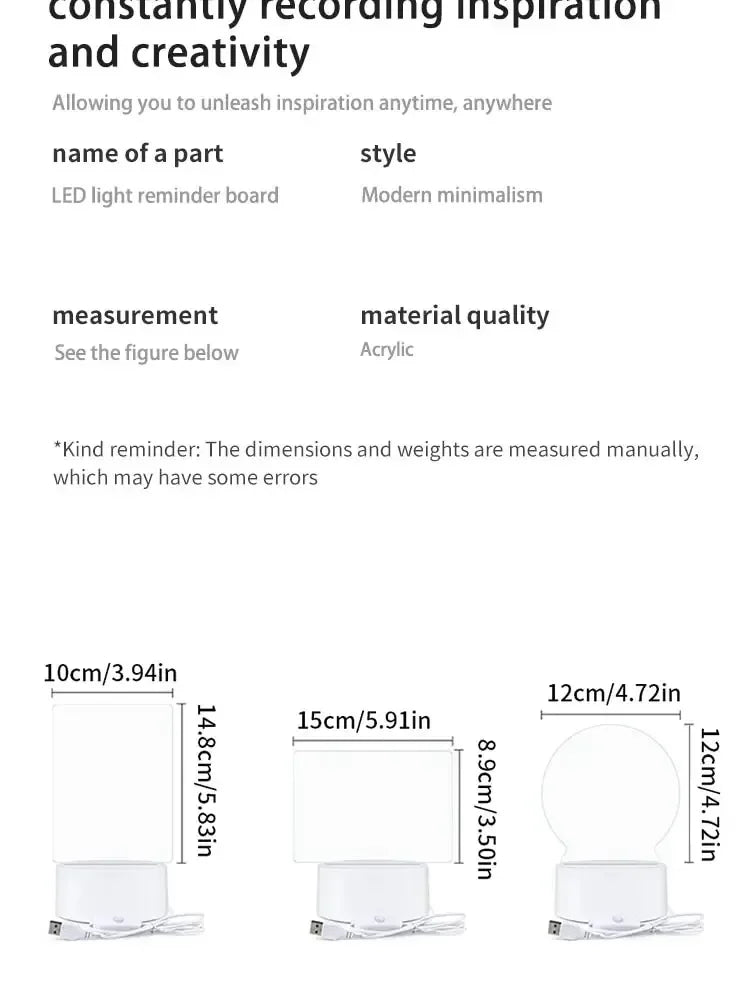 LED Light Note Board USB-Powered with Pen Acrylic Dry Erase Board Clear Desktop Note Message Soft Lights Desk Lamp Gift