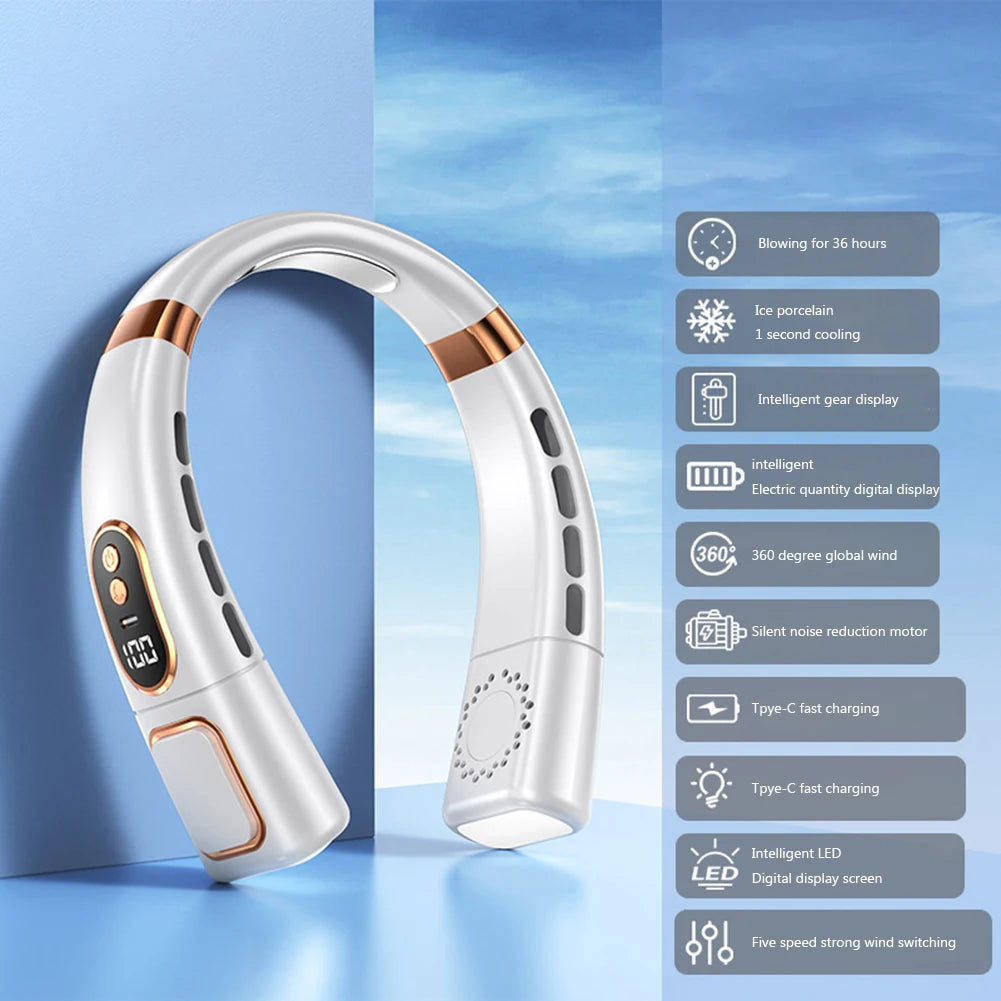 Portable Neck Fan LED Digital Display Hanging Neck Fan Leafless Air Cooler Mute USB Rechargeable Cooler with Atmosphere Light
